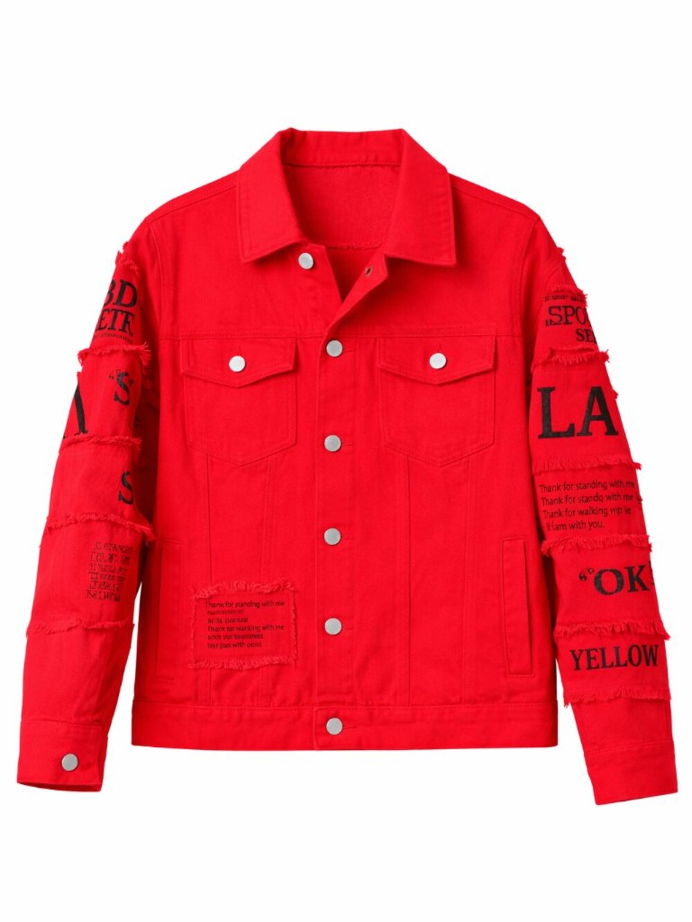 Men’s Red Denim Jacket “Choose To Be Kind” Patch Streetwear Size L